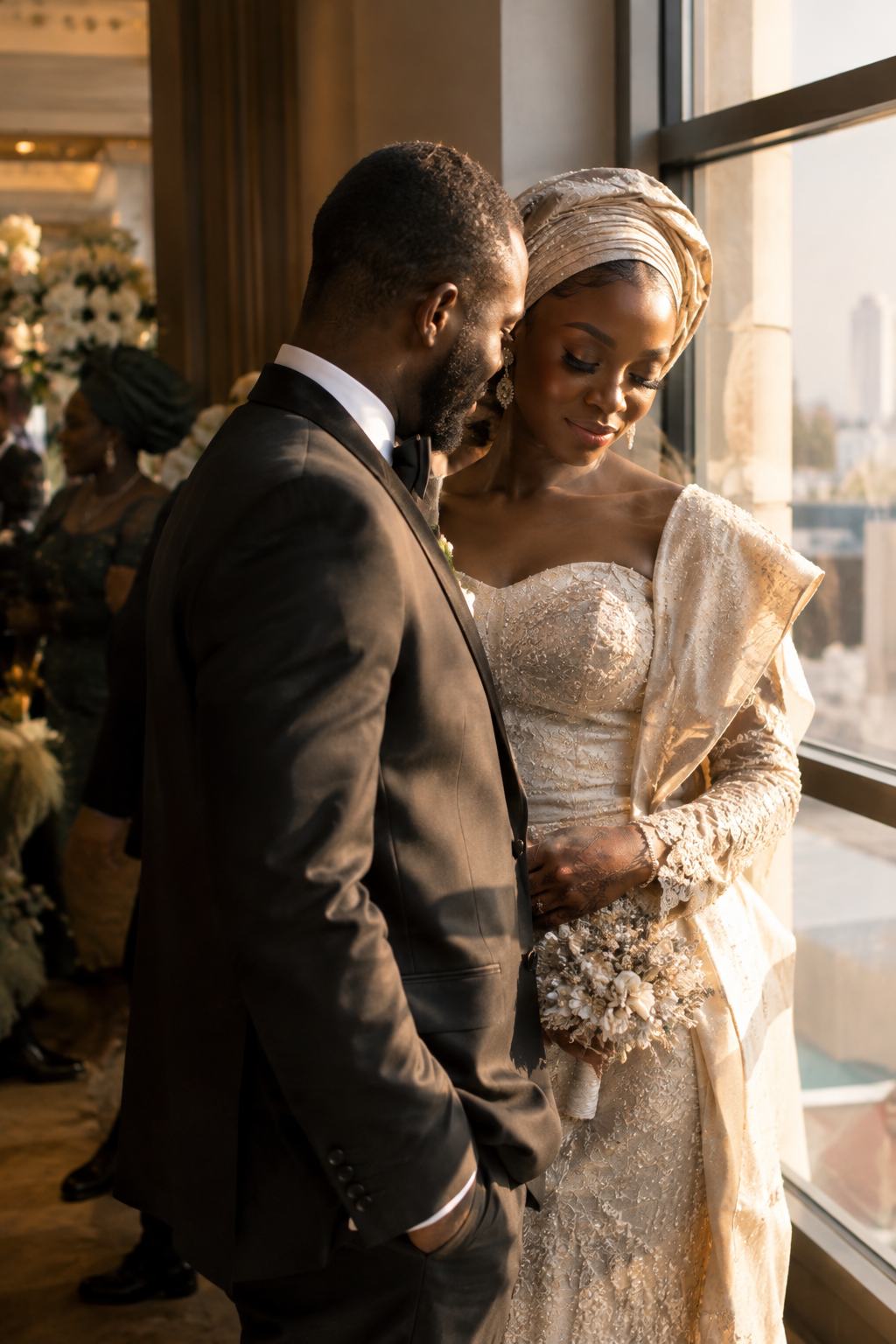 Bride and groom embracing by a window