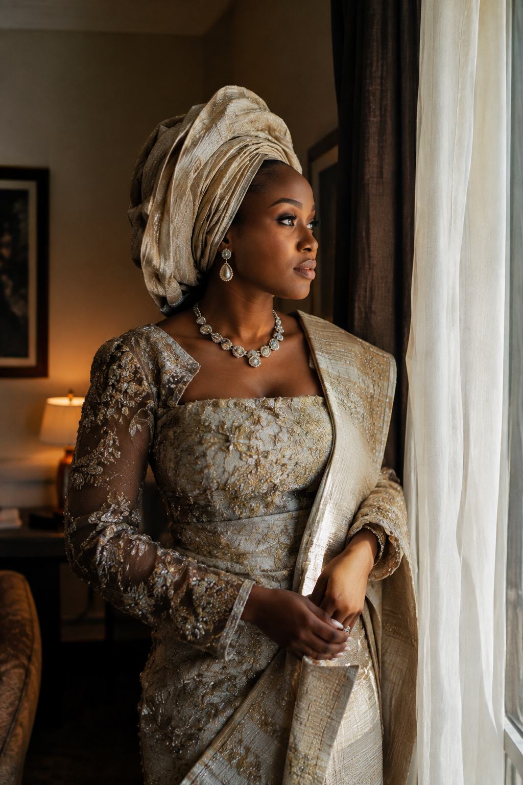 Bride standing at a window in traditional dress