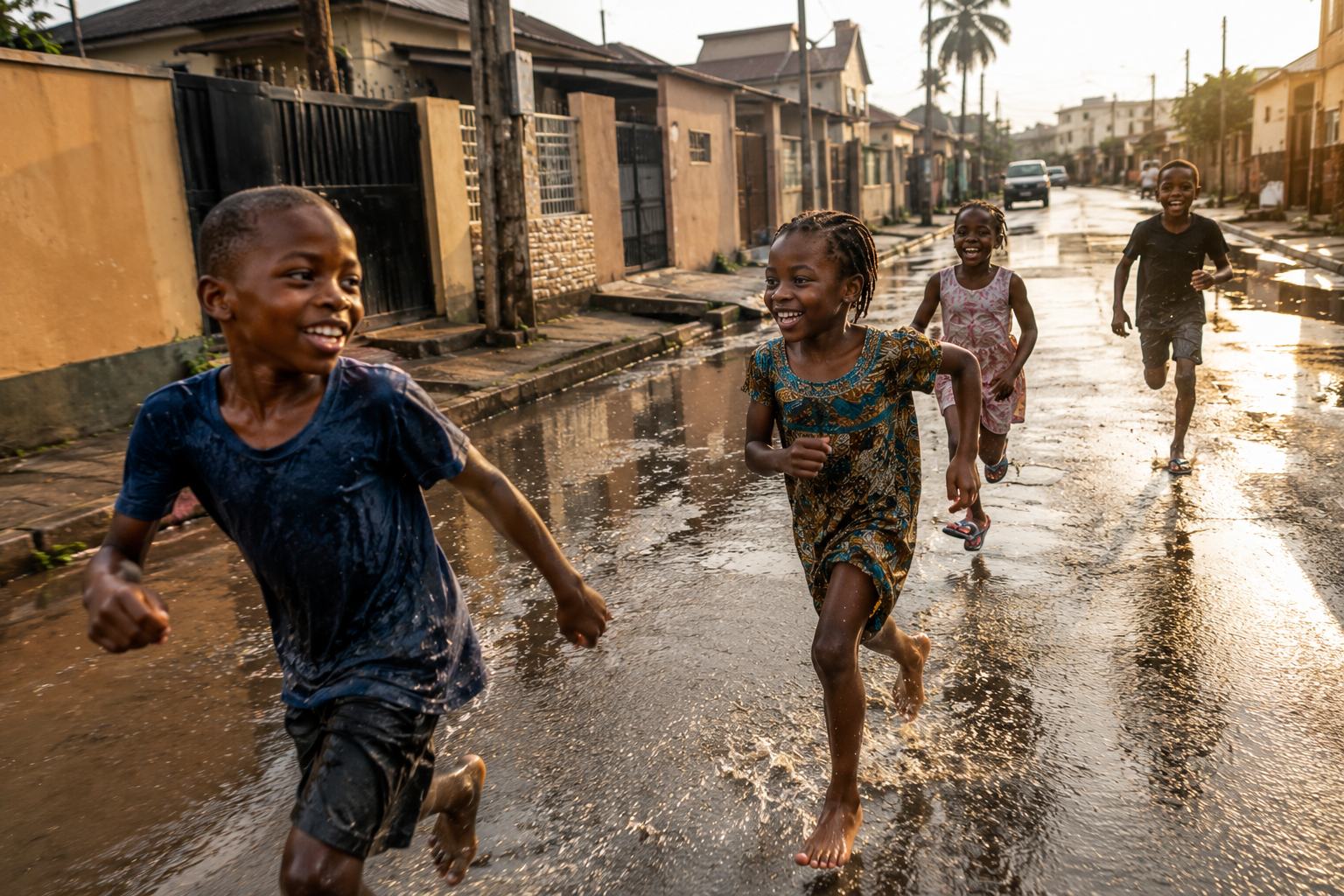 Children running through a flooded street