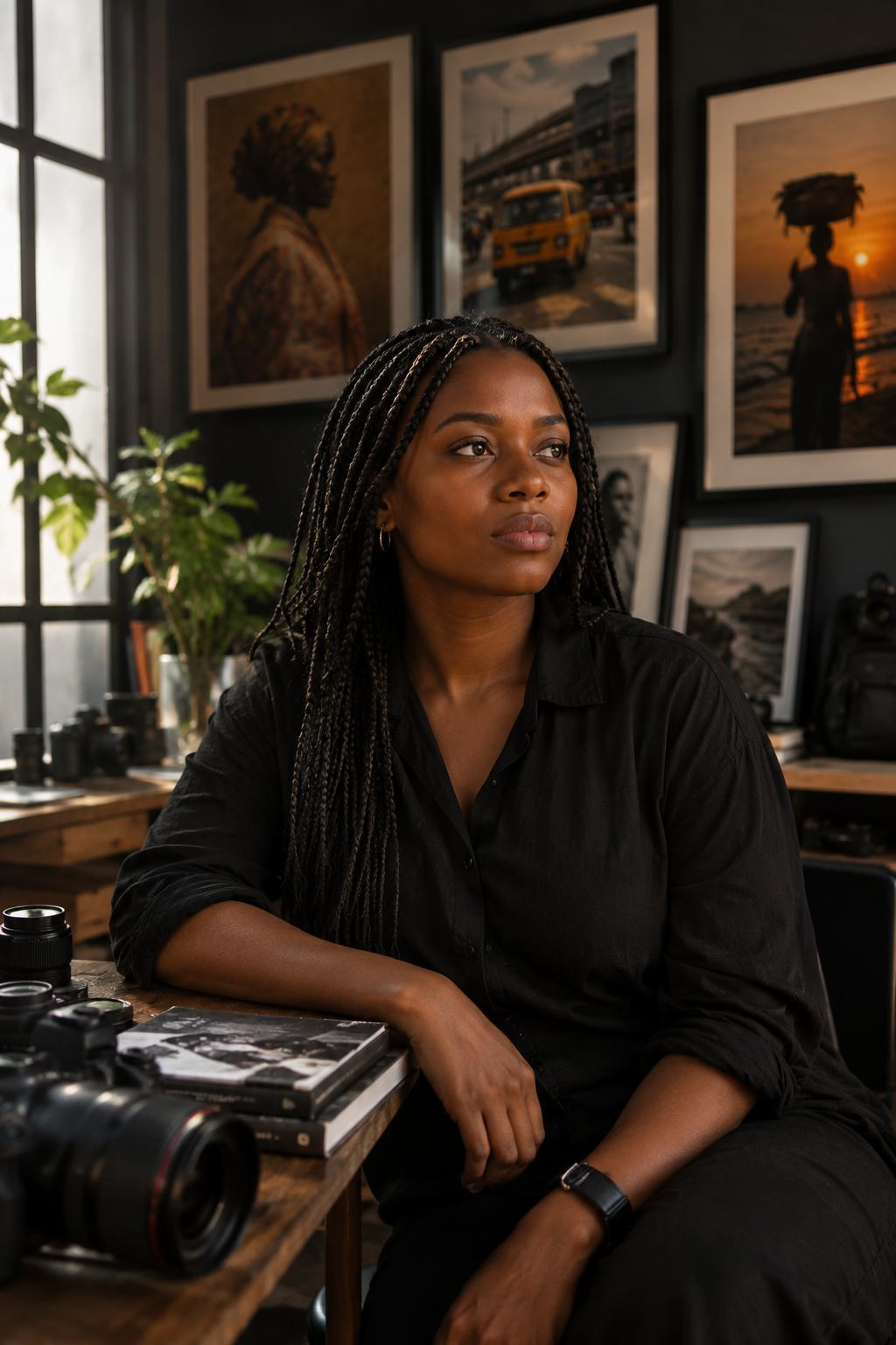 Portrait at a desk with prints