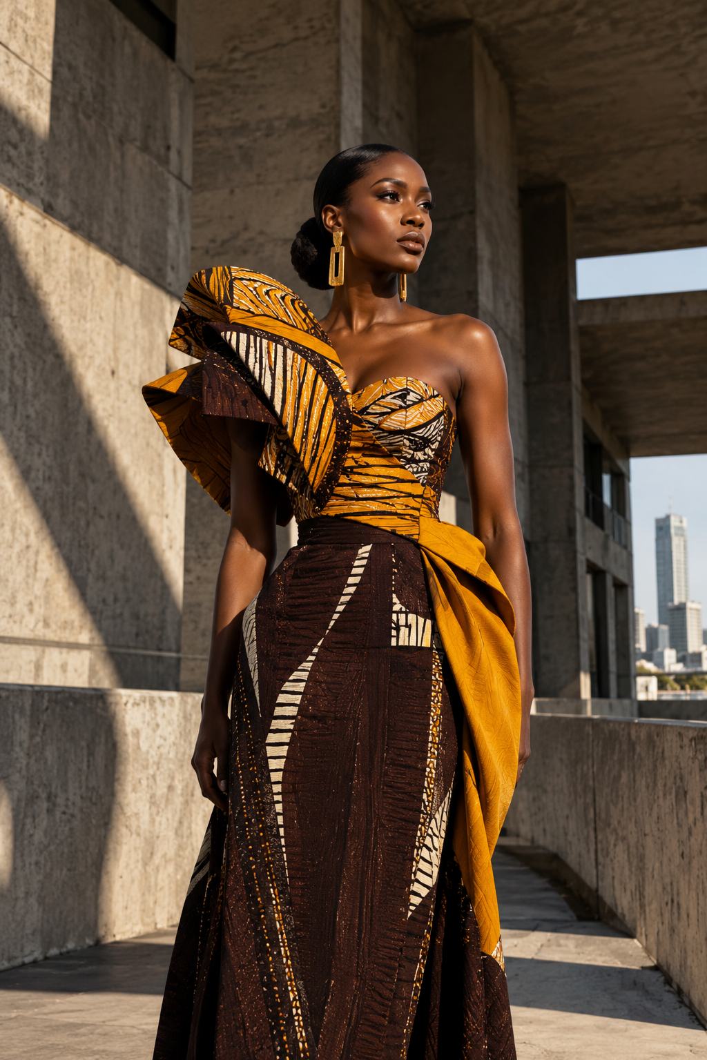 Fashion editorial, patterned garment against architecture