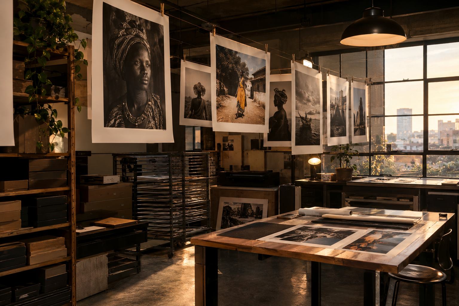 Interior of a design studio with framed prints on the wall
