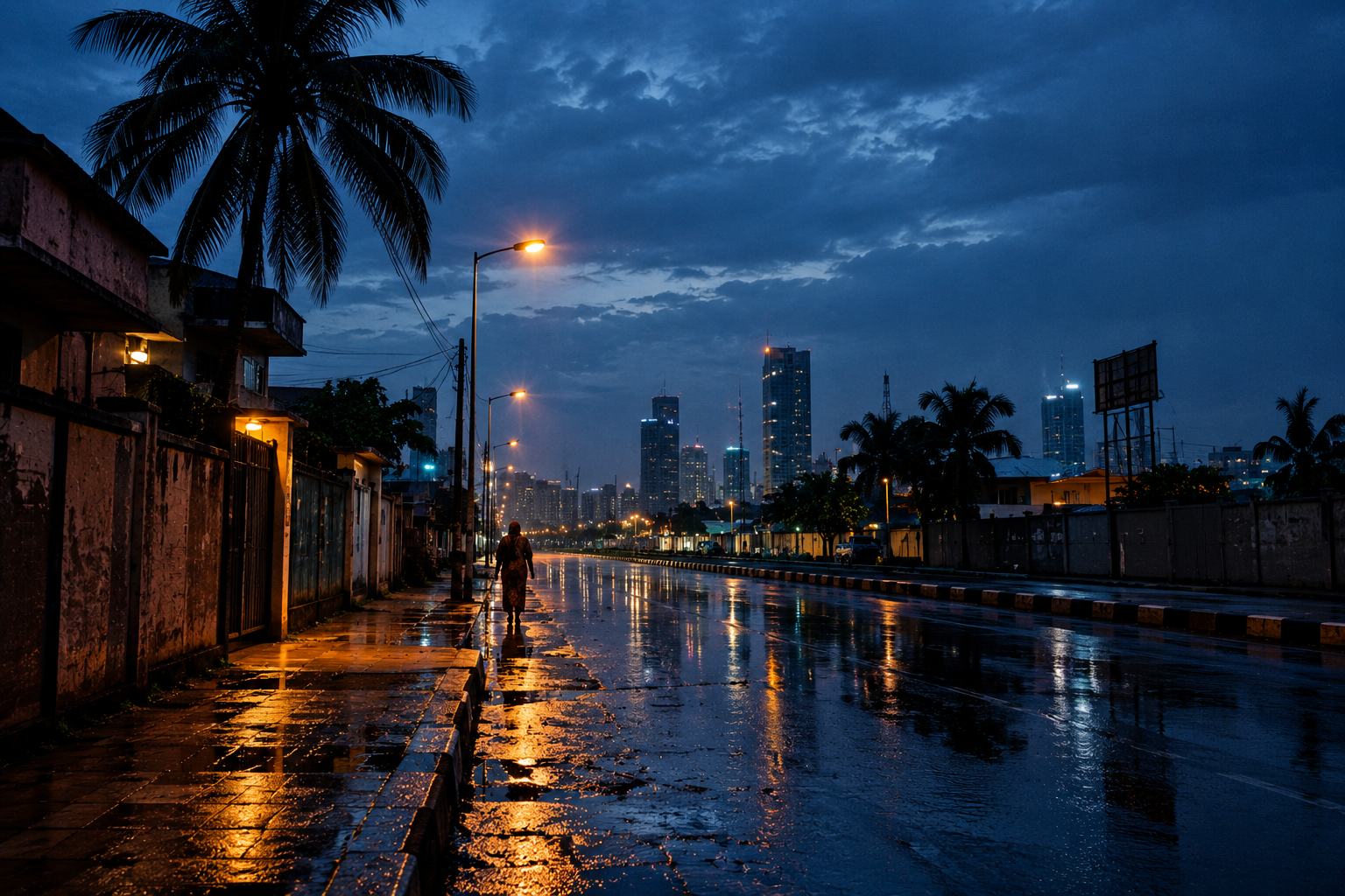 Lagos skyline at dusk, palm trees against the water