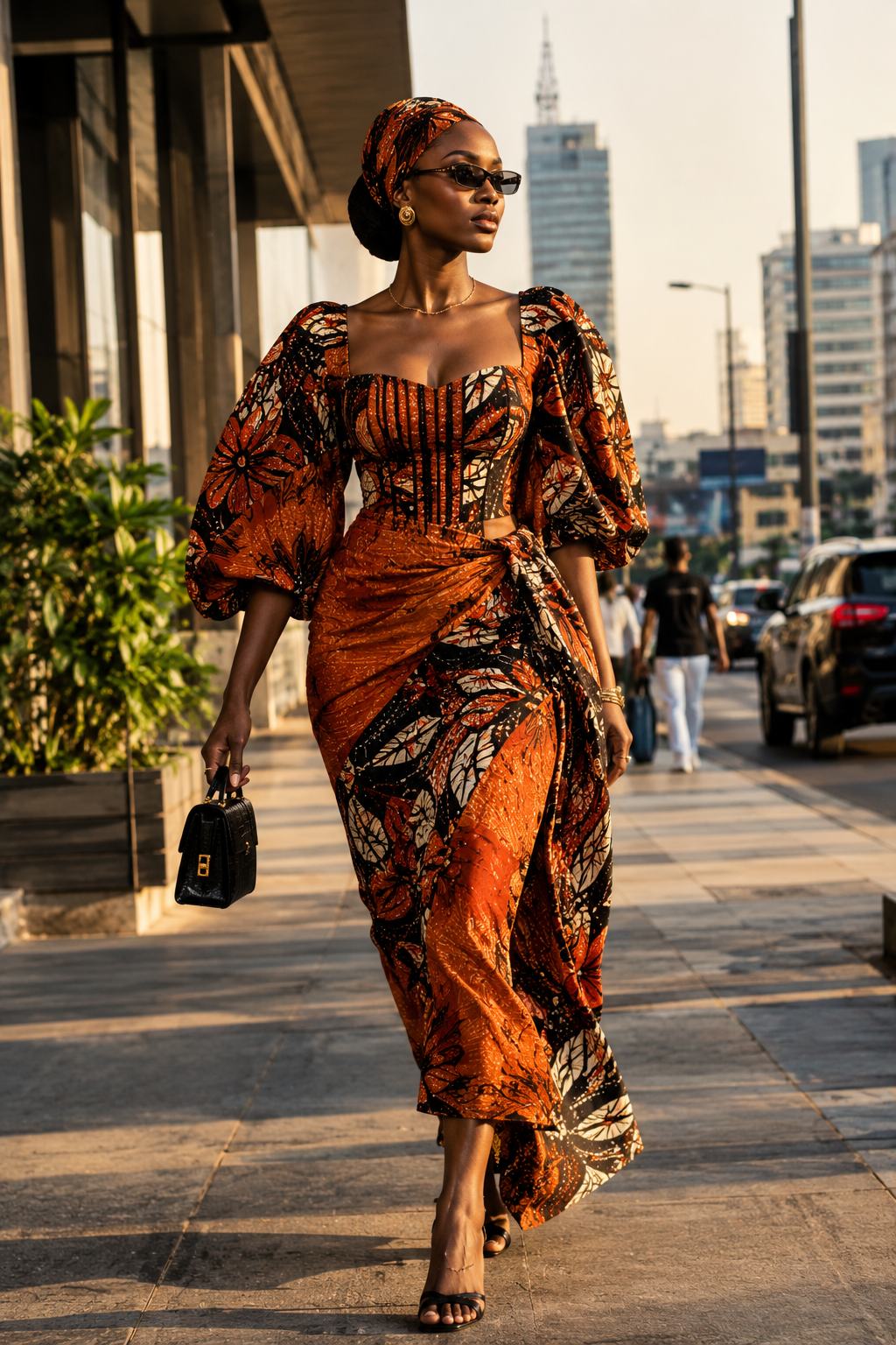Woman walking in an orange dress, fashion editorial