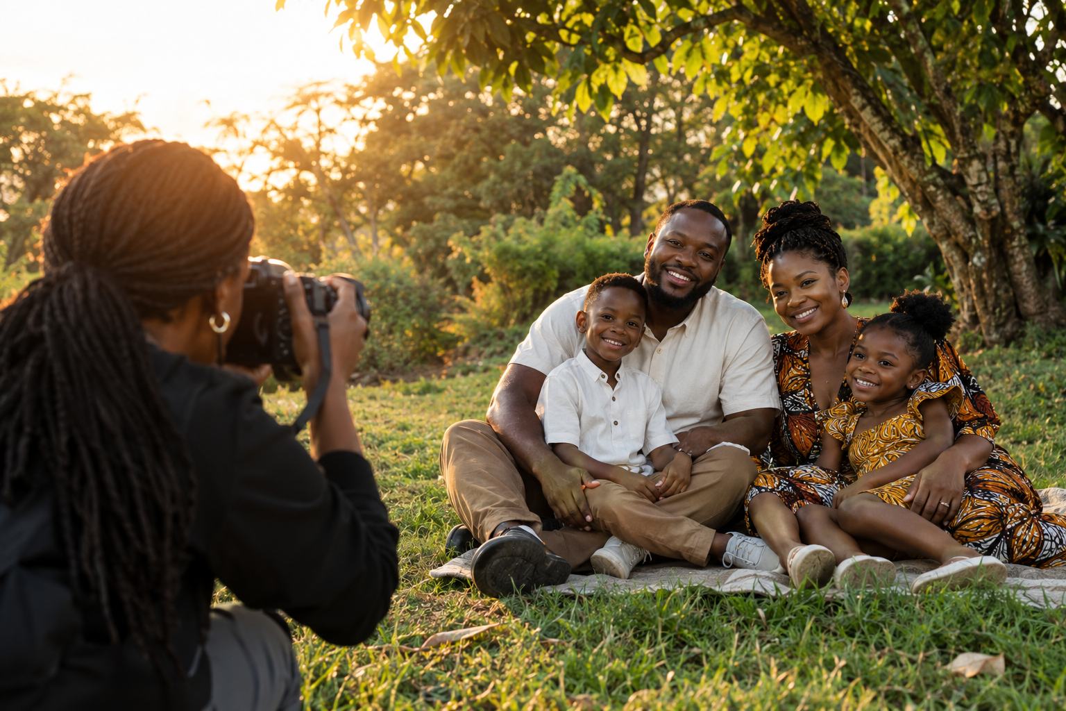 Nia photographing a family seated together outdoors