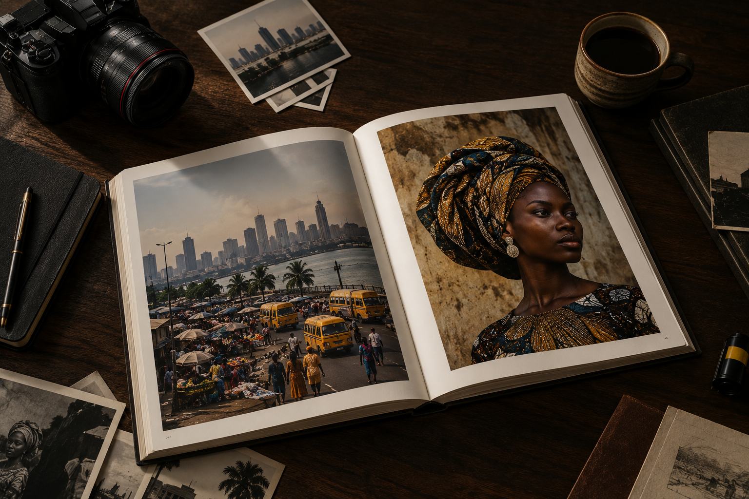 Photobook and contact sheets on a desk