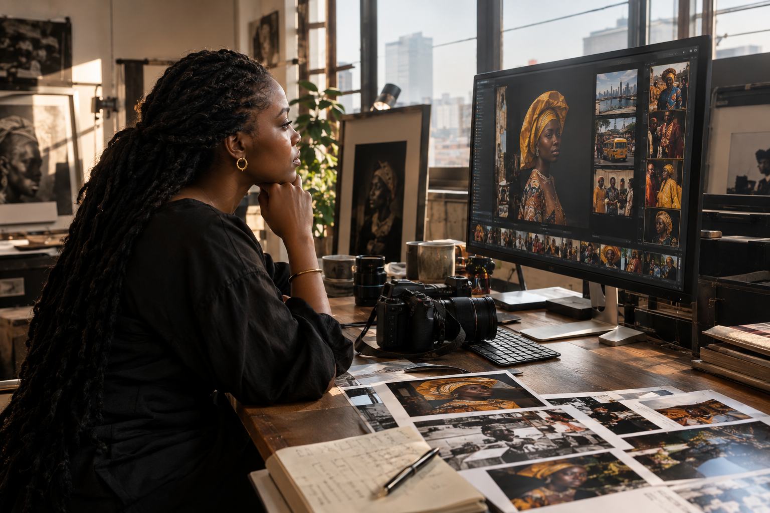 Reviewing contact sheets in the studio